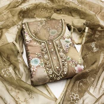 Olive organza printed unstitched dress material 2