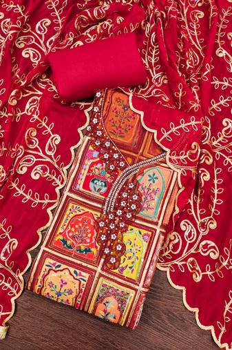 Red viscose embellished unstitched dress material