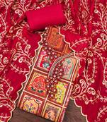 Red viscose embellished unstitched dress material