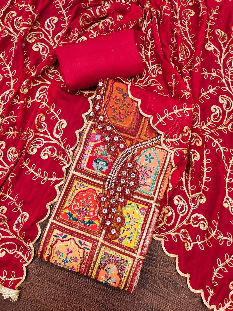 Red viscose embellished unstitched dress material
