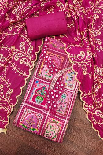 Magenta viscose embellished unstitched dress material
