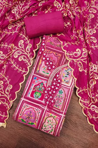Magenta viscose embellished unstitched dress material