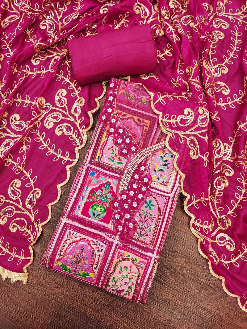 Magenta viscose embellished unstitched dress material