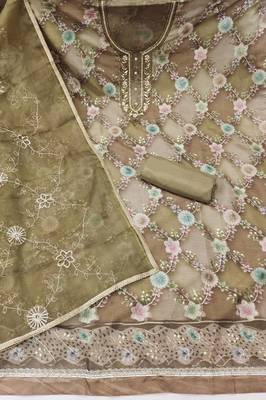 Olive organza printed unstitched dress material 3