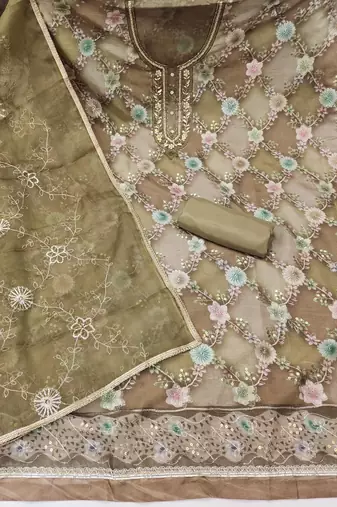 Olive organza printed unstitched dress material