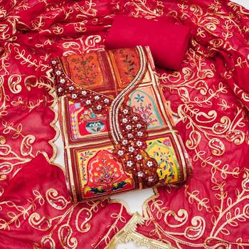 Red viscose embellished unstitched dress material 2