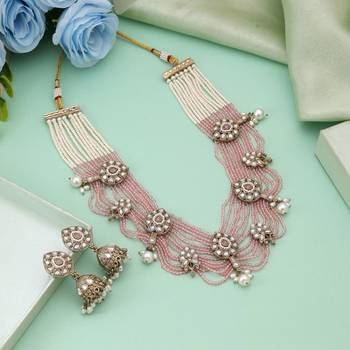 Pink color kundan necklace set 1