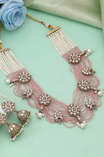 Pink color kundan necklace set
