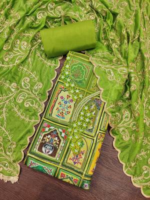 Parrot green viscose embellished unstitched dress material 1