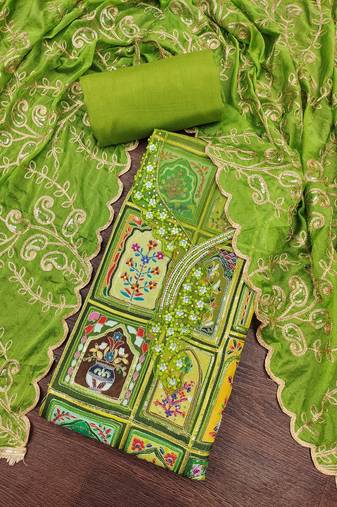 Parrot green viscose embellished unstitched dress material