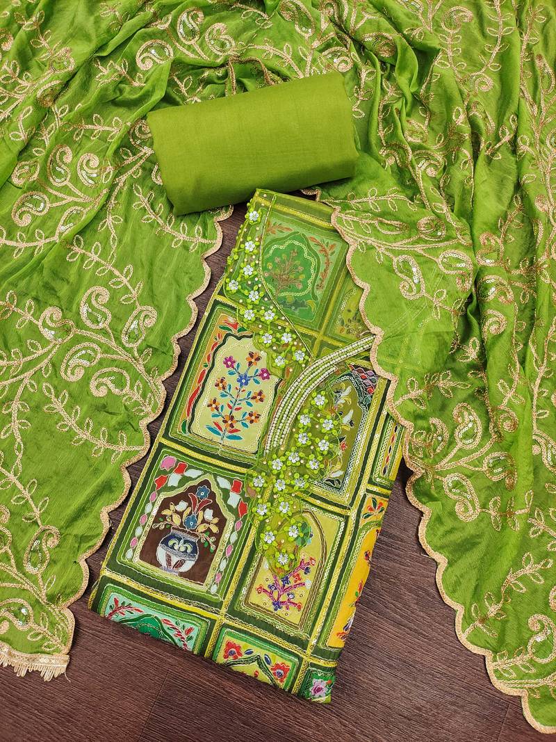 Parrot green viscose embellished unstitched dress material