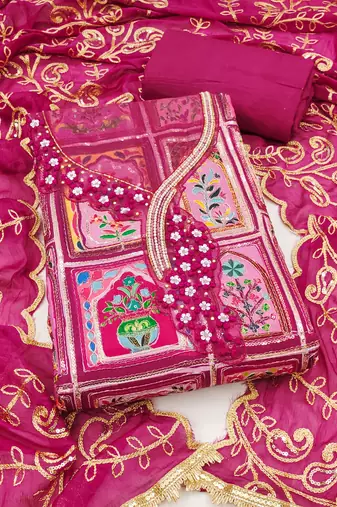 Magenta viscose embellished unstitched dress material