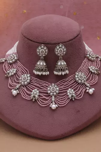 Pink color kundan necklace set