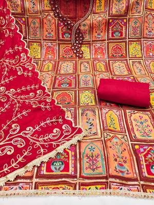 Red viscose embellished unstitched dress material 3
