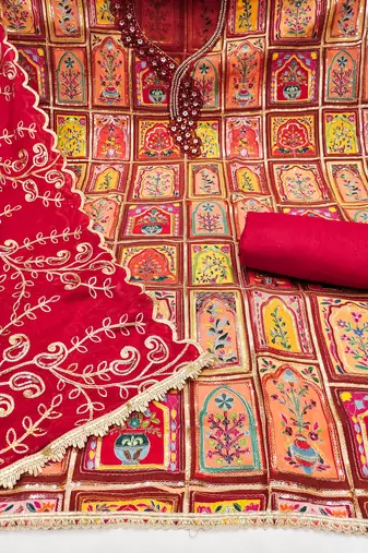 Red viscose embellished unstitched dress material