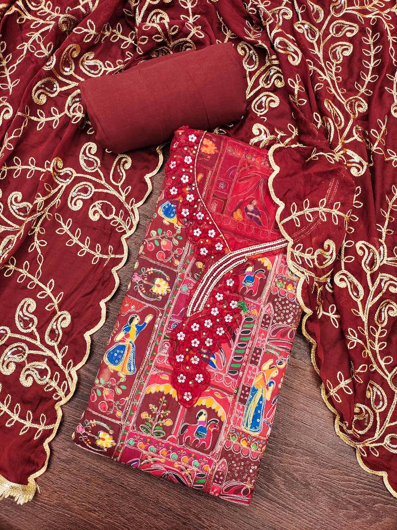 Maroon viscose embellished unstitched dress material