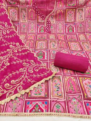 Magenta viscose embellished unstitched dress material 3