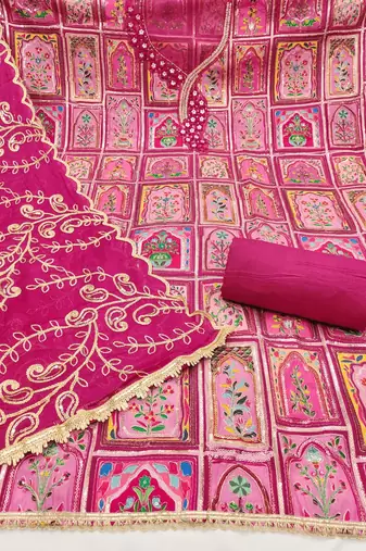 Magenta viscose embellished unstitched dress material