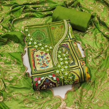 Parrot green viscose embellished unstitched dress material 2