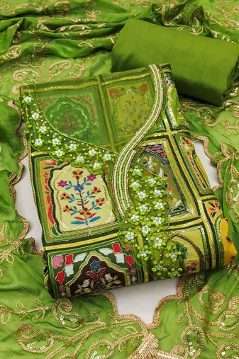 Parrot green viscose embellished unstitched dress material