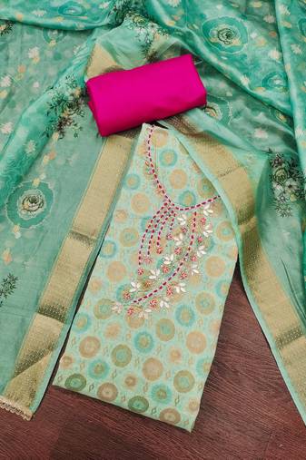 Sea green premium jacquard embellished unstitched dress material