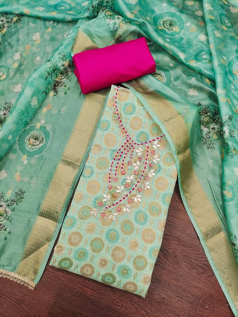 Sea green premium jacquard embellished unstitched dress material