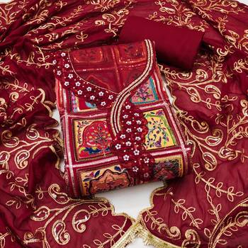 Maroon viscose embellished unstitched dress material 2
