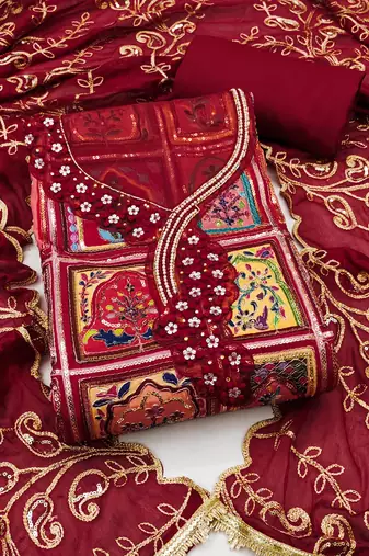 Maroon viscose embellished unstitched dress material