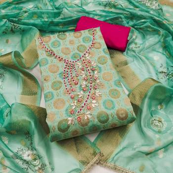 Sea green premium jacquard embellished unstitched dress material 2