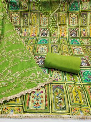Parrot green viscose embellished unstitched dress material 3