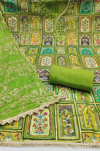Parrot green viscose embellished unstitched dress material