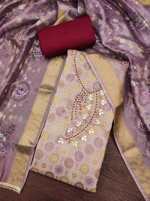 Lavender premium jacquard embellished unstitched dress material 1