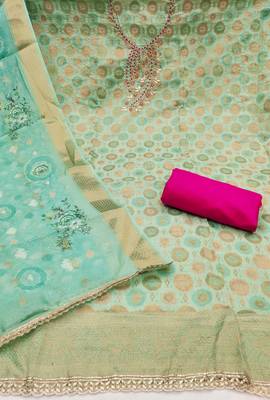 Sea green premium jacquard embellished unstitched dress material 3
