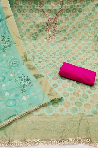 Sea green premium jacquard embellished unstitched dress material