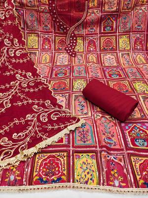 Maroon viscose embellished unstitched dress material 3