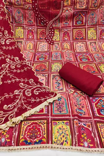 Maroon viscose embellished unstitched dress material