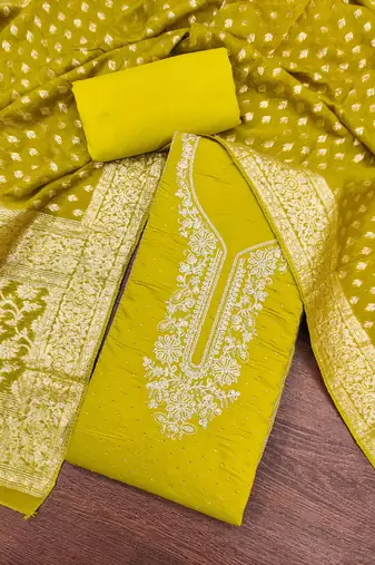 Lime roman cotton embroidered unstitched dress material