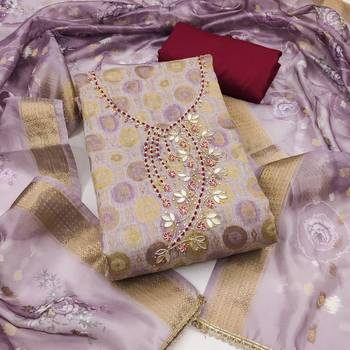 Lavender premium jacquard embellished unstitched dress material 2