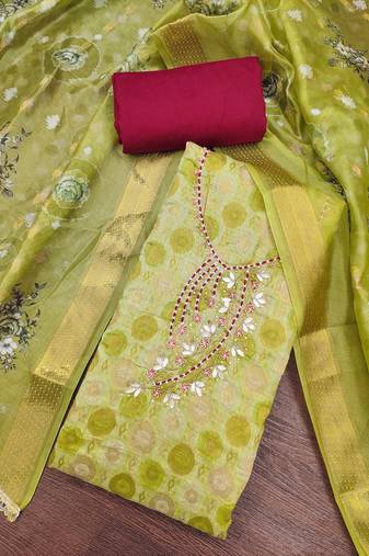 Parrot green premium jacquard embellished unstitched dress material