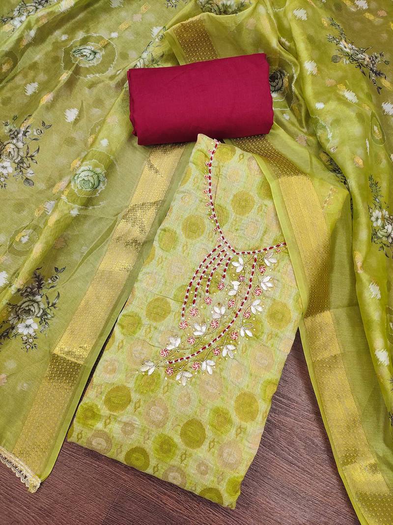 Parrot green premium jacquard embellished unstitched dress material