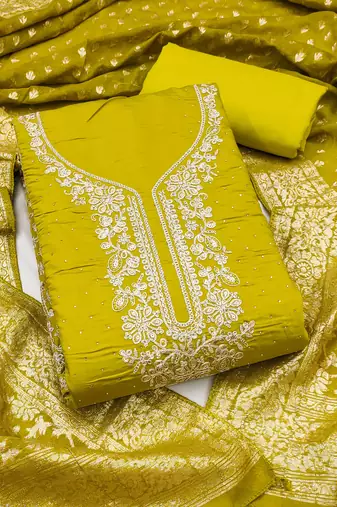Lime roman cotton embroidered unstitched dress material