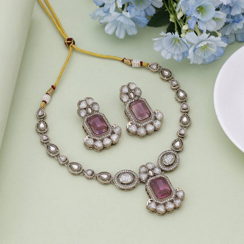 Magenta color kundan necklace set