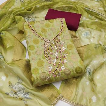 Parrot green premium jacquard embellished unstitched dress material 2