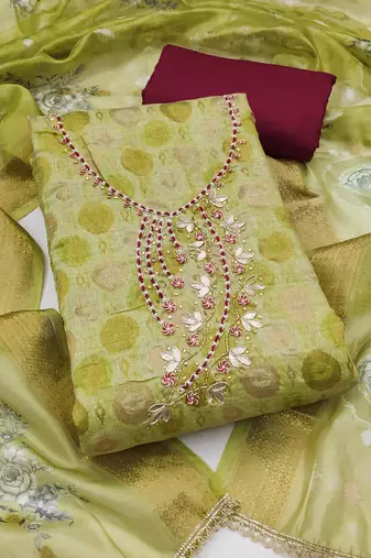 Parrot green premium jacquard embellished unstitched dress material