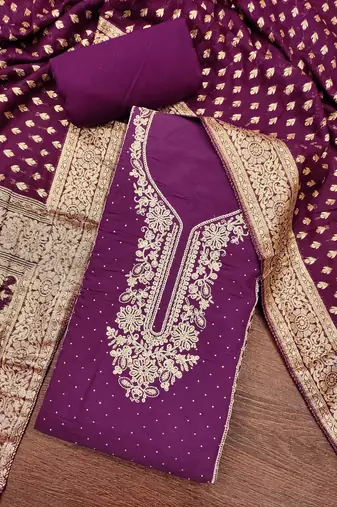 Wine roman cotton embroidered unstitched dress material