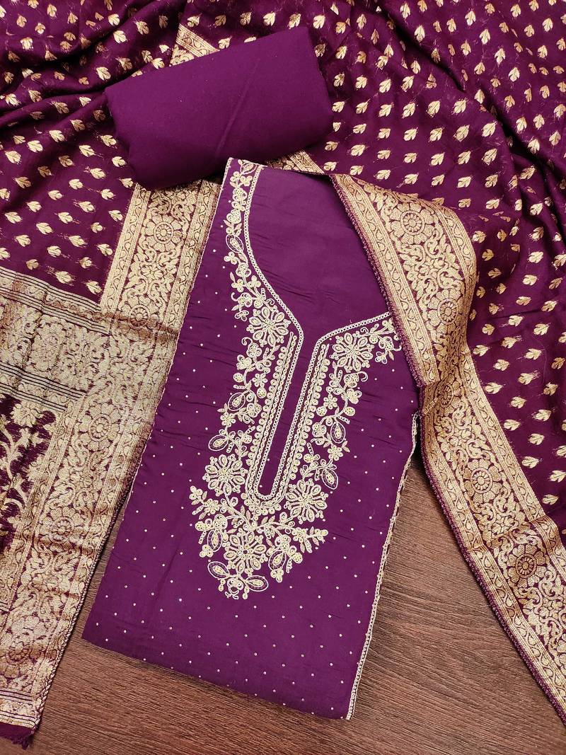 Wine roman cotton embroidered unstitched dress material