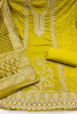 Lime roman cotton embroidered unstitched dress material 3