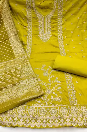 Lime roman cotton embroidered unstitched dress material