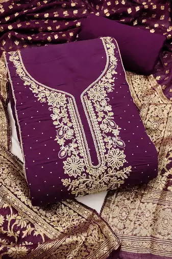 Wine roman cotton embroidered unstitched dress material
