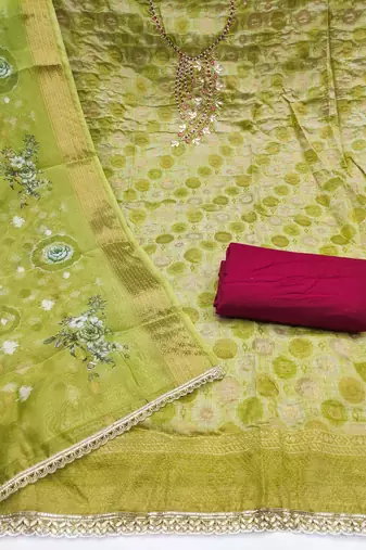 Parrot green premium jacquard embellished unstitched dress material